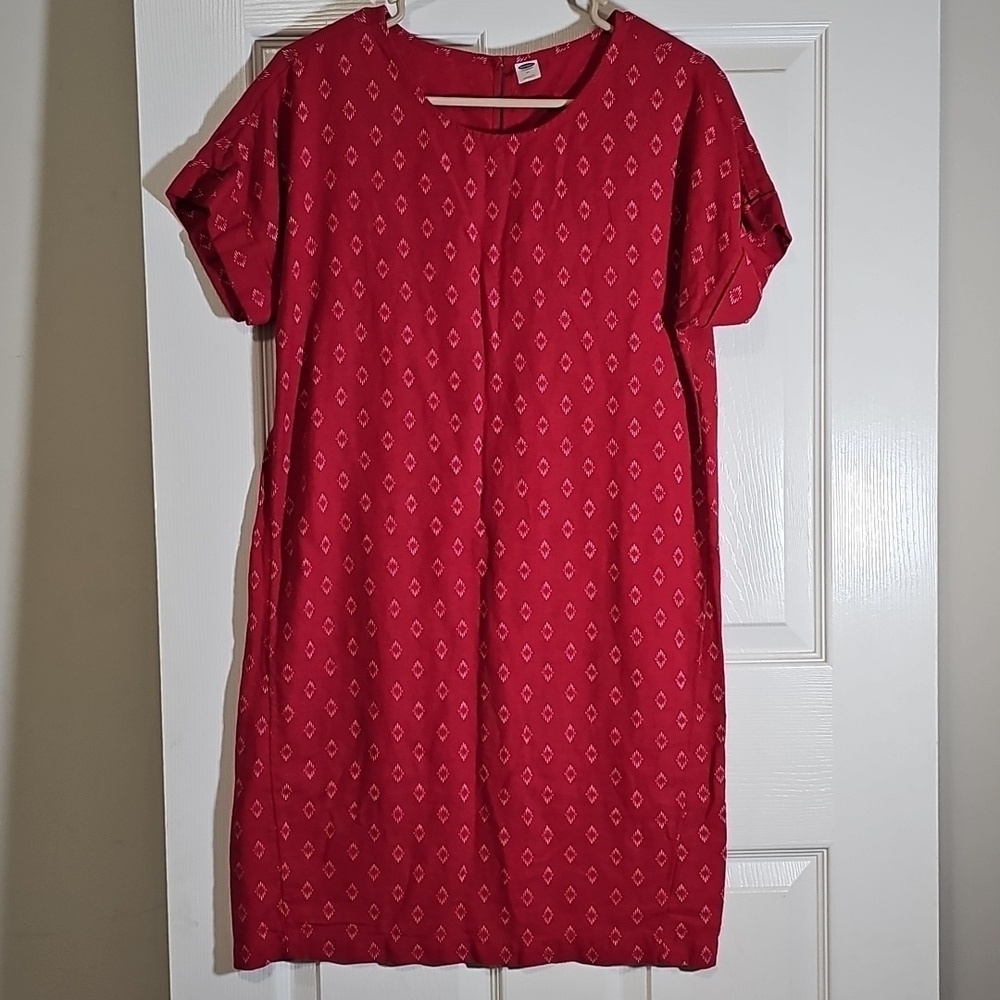 Old Navy Printed Linen-Blend Red White Short Sleeve Shift Dress Size M